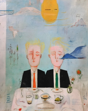 "Two quiet figures, one table, and a sun that feels slightly off—dreamy, awkward, and strangely comforting." art print by peacearchive