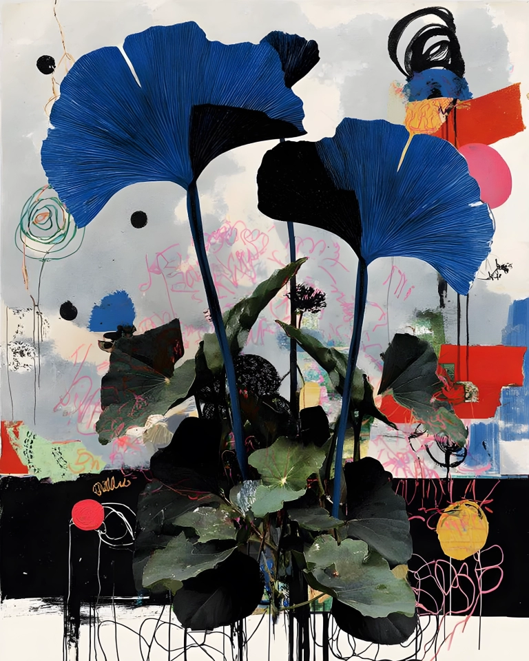 Large cobalt-blue fan-shaped botanical forms with dark stems over layered scribbles, red blocks and soft gray collage textures.