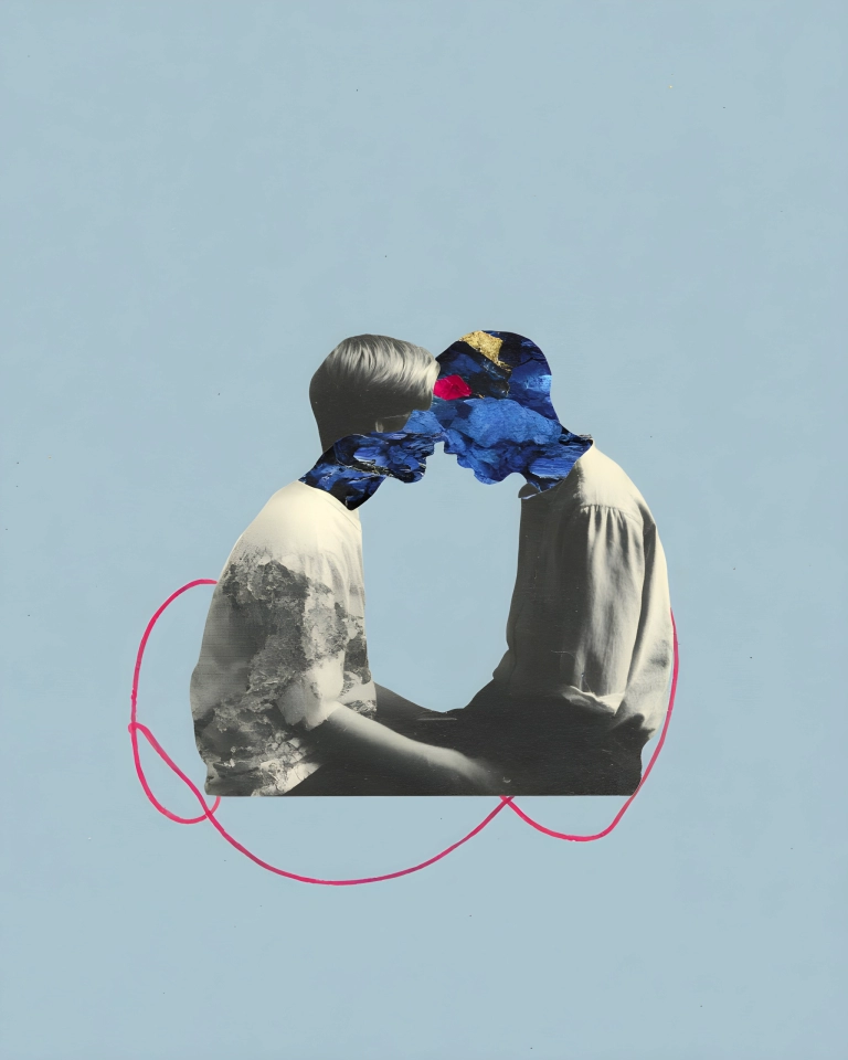 Minimal surreal collage of two seated grayscale figures facing each other with heads merging into a blue flower-like form.
