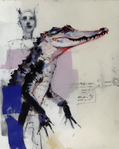 Abstract mixed media portrait with a sketched face and long crocodile head in red, blue, black and pale pink tones.