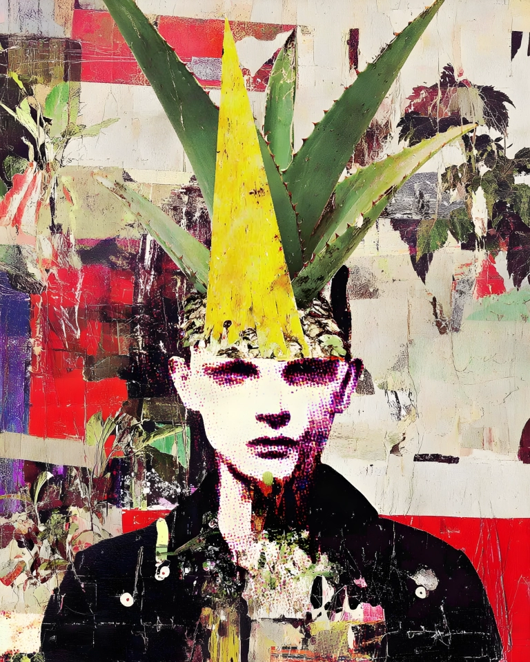 Surreal collage portrait of a face with spiky aloe leaves rising from the head, set against a textured red, cream and green backdrop.