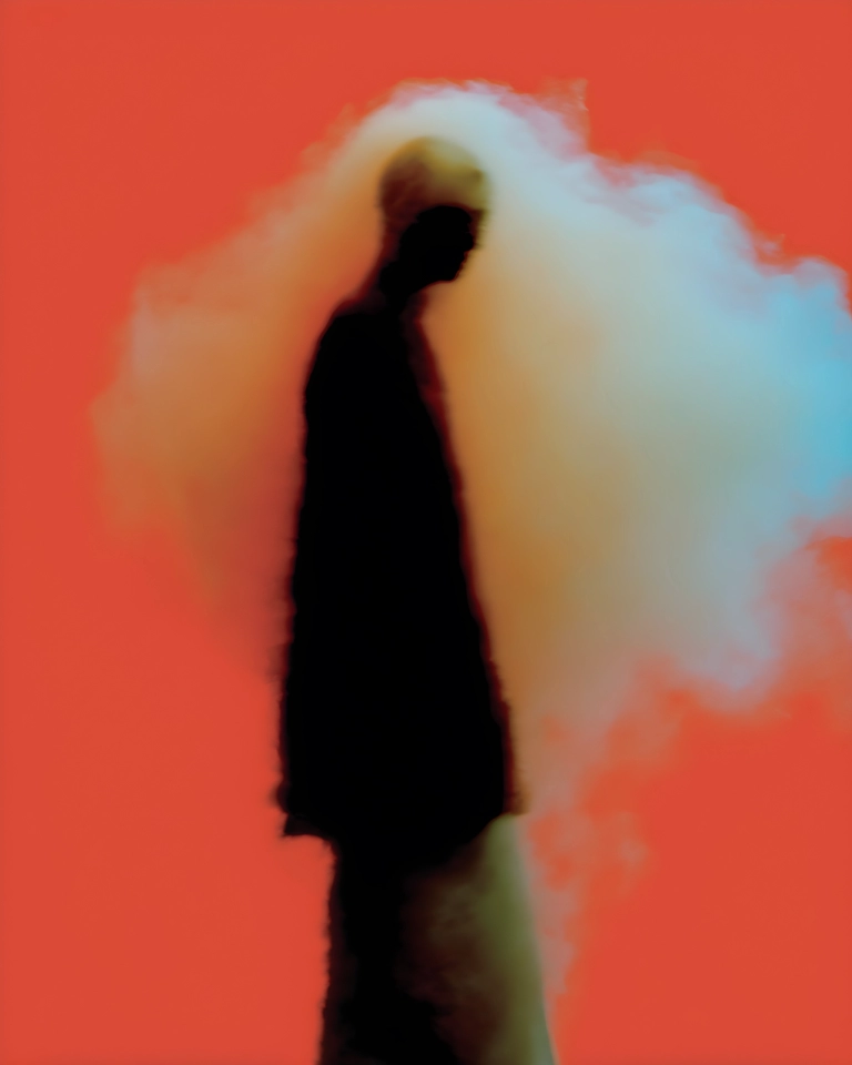 Blurred dark human silhouette in profile against a vivid red-orange background with soft blue and cream haze.