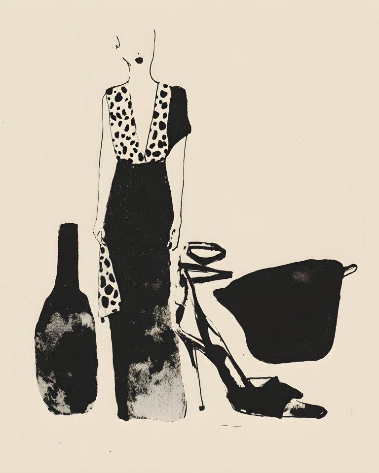 Minimal black and cream illustration of a tall fashion figure in a spotted dress beside bold black shoes and accessory shapes.