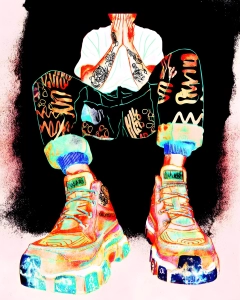 High-contrast neon artwork of a seated faceless figure covering their face, with tattooed arms, patterned pants, and oversized sneakers.