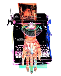 Surreal pop-art typewriter with elongated illustrated fingers over the keys and neon coral, turquoise and blue collage details.