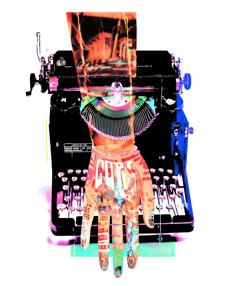 Surreal pop-art typewriter with elongated illustrated fingers over the keys and neon coral, turquoise and blue collage details.