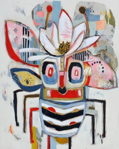 Abstract floral still life with a large pale bloom, graphic leaves and colorful geometric fragments in a layered mixed-media style.