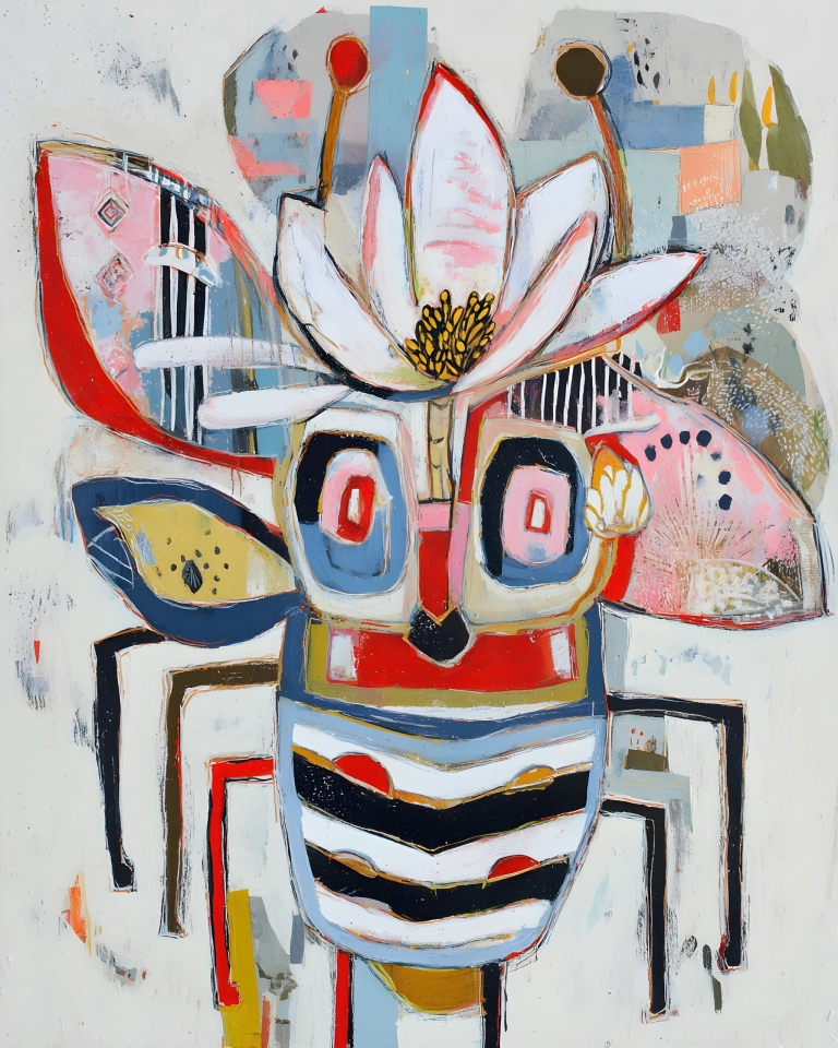 Abstract floral still life with a large pale bloom, graphic leaves and colorful geometric fragments in a layered mixed-media style.