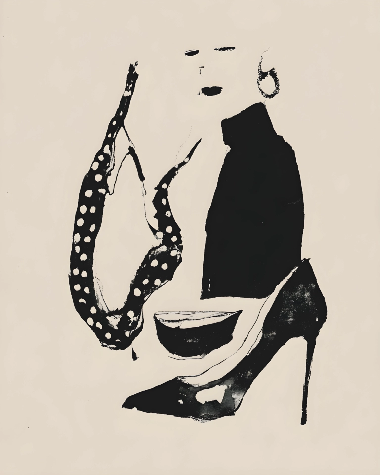 Minimal monochrome abstract with black ink-like curved silhouettes and elongated dotted forms on a warm cream background.