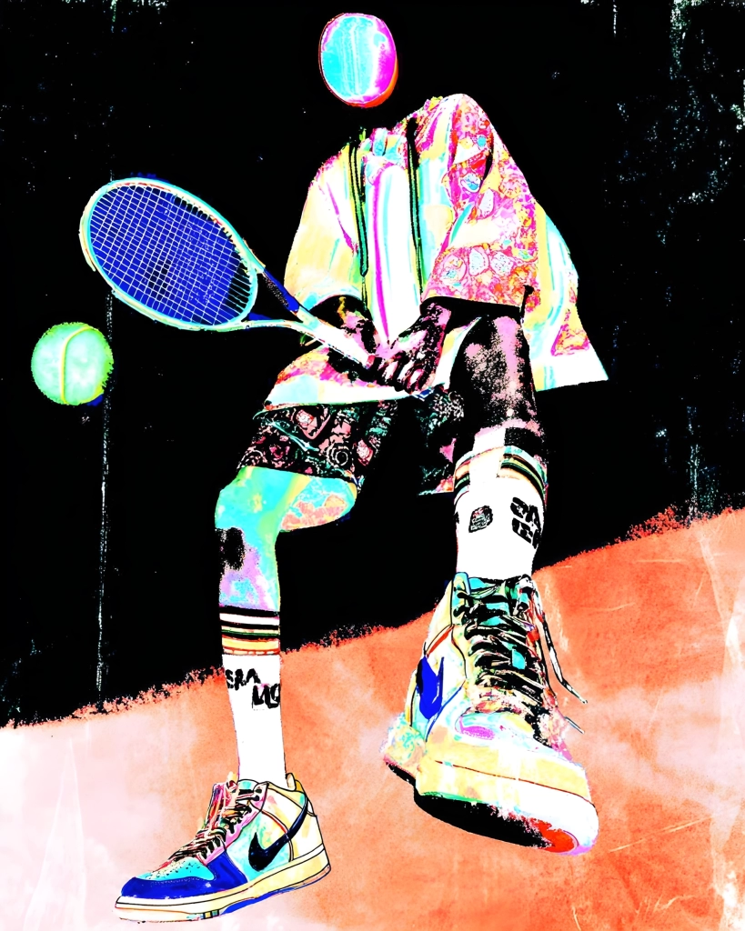 Colorful pop art image of a tennis player holding a racket with tennis balls, bright sneakers and an orange court against a black background.