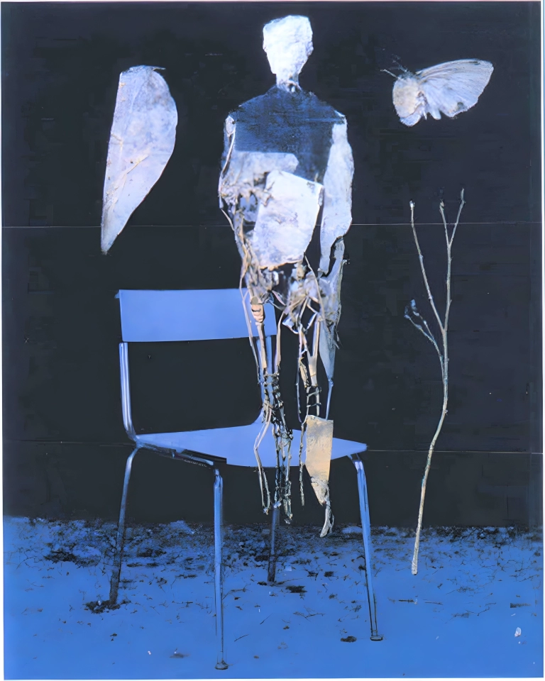 Dark blue abstract composition with pale moth-like shapes, twig stems, a chair form and reflective blue lower area.