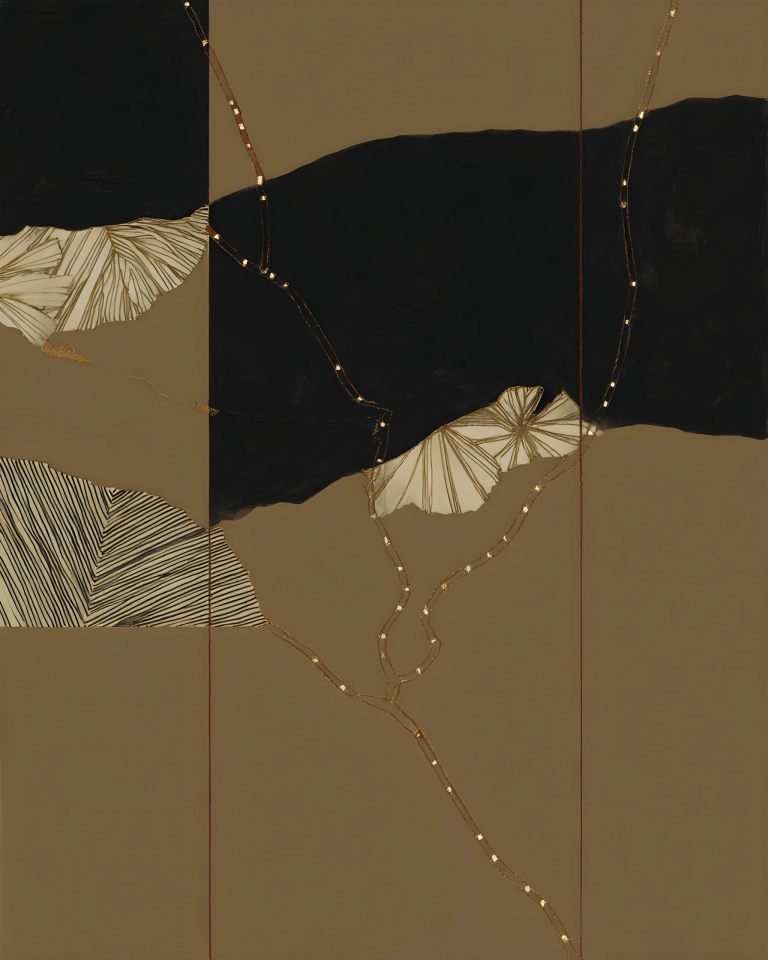 Elegant abstract collage with black organic forms, cream petal shapes, striped details and fine gold lines on an olive ground.