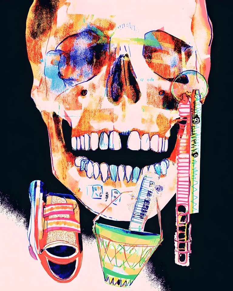 Large colorful skull with graphic teeth, drums, brass instrument shapes and bright marks against a dark background.