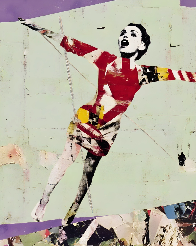 A stylized dancer in a red and yellow costume reaches outward on a pale green textured collage background with purple edges.