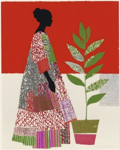 Collage artwork of a black female silhouette in a patterned dress standing beside a green potted plant on a red background.