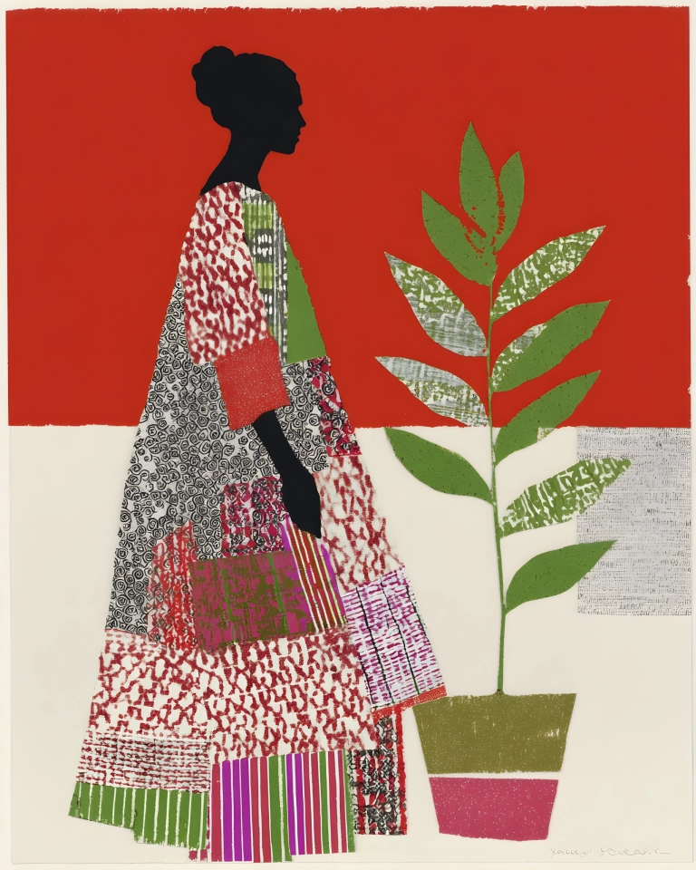 Collage artwork of a black female silhouette in a patterned dress standing beside a green potted plant on a red background.