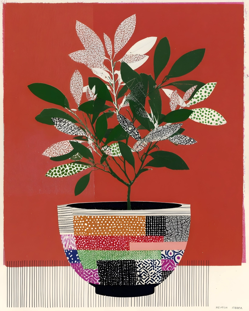 Collage-style potted plant with dark green and patterned white leaves in a colorful patchwork pot against a red background.