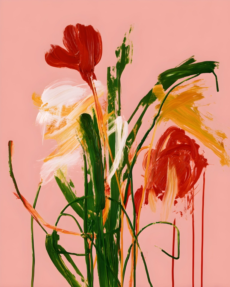 Expressive painted garden with layered pink, red, yellow, white and green floral brushstrokes on a soft pink background.