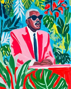 Bold painted portrait of a stylish man in sunglasses and a vivid pink suit surrounded by tropical leaves and bright flowers.