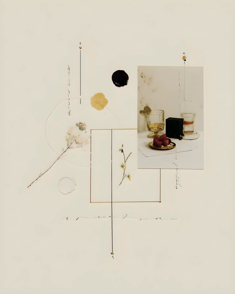 Minimal abstract collage with fine black lines, gold accents, soft flowers and a muted still life photo of glasses, fruit and a black box.