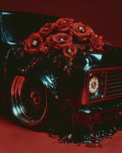 Glossy black vintage car front with deep red roses on the hood, dripping dark liquid, glowing headlight and red background.