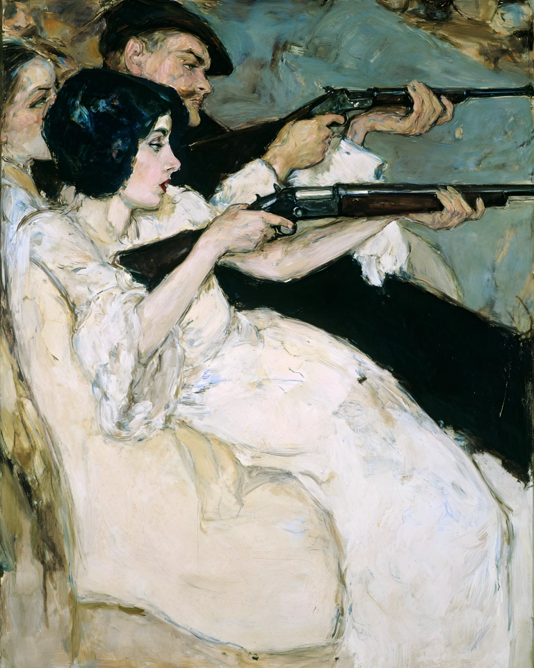 Expressive painting of three figures in pale clothing aiming rifles against a muted blue-green and dark background.