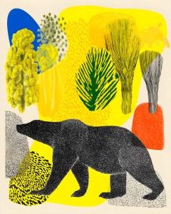 Bright abstract artwork with large yellow shapes, green leaf motifs, blue and orange accents, and speckled black textures.