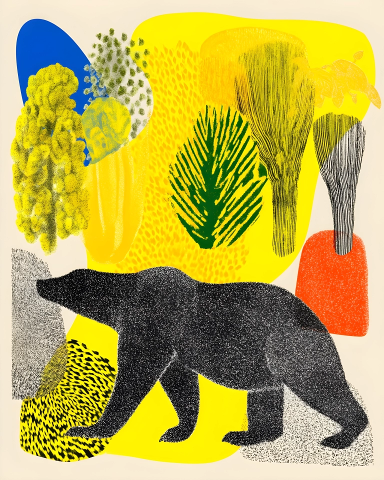 Bright abstract artwork with large yellow shapes, green leaf motifs, blue and orange accents, and speckled black textures.