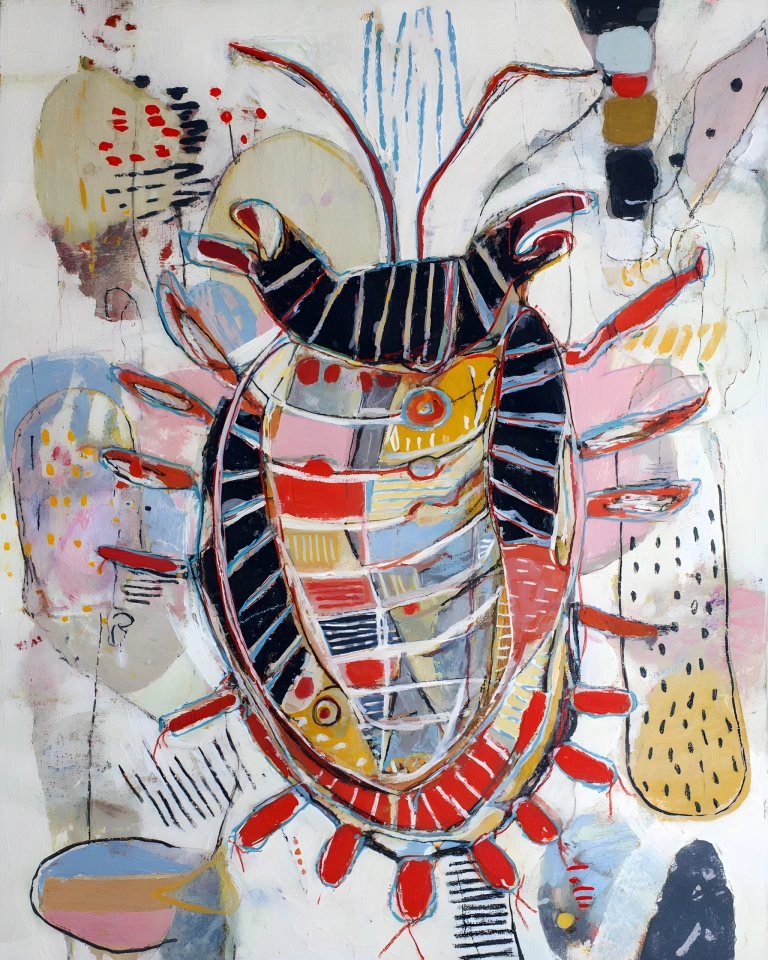 Colorful abstract composition with red, blue, pink and yellow shapes, black accents and loose linework.