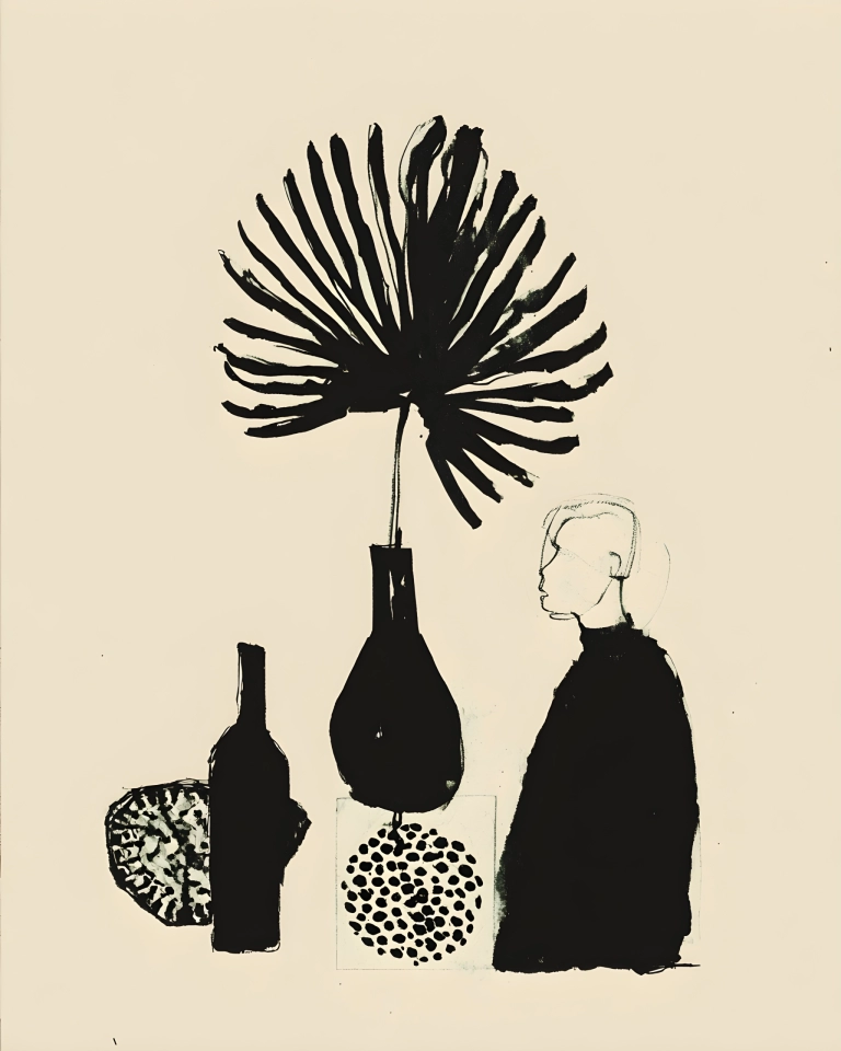 Black ink still life with silhouetted vases, a large palm-like flower, dotted shapes, and a sketched side profile on a cream background.