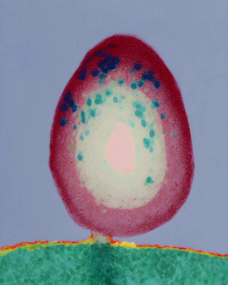 Whimsical red-spotted mushroom with teal-blue details and a glowing pale center on a cool blue and green background.