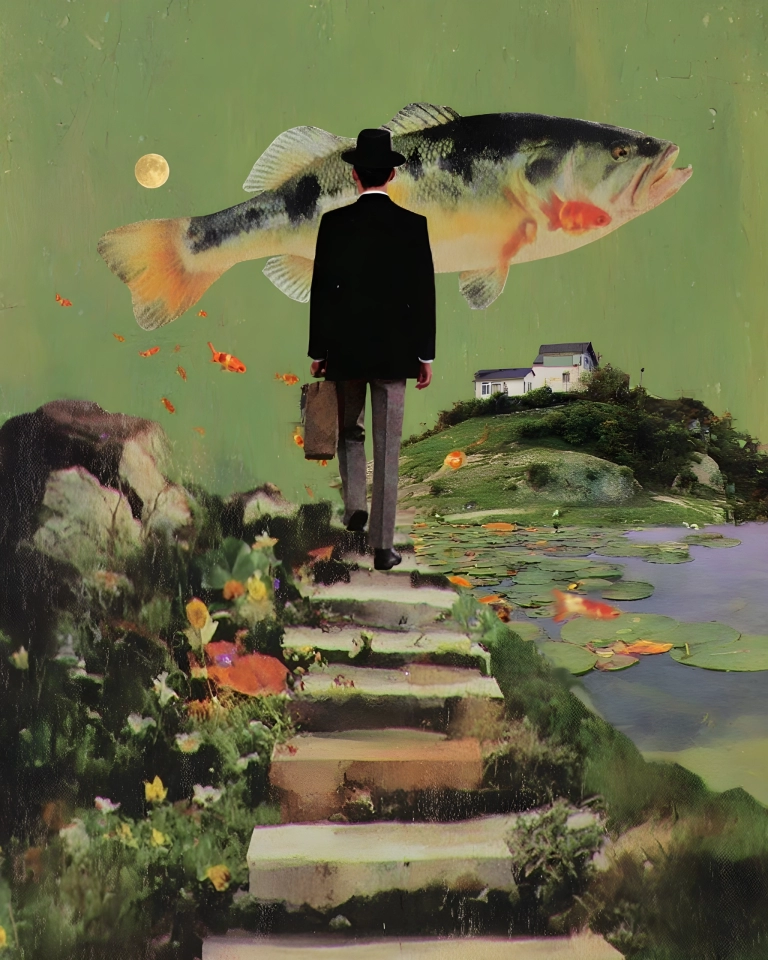 Surreal collage showing a man in a black hat walking toward a giant fish over a green pond landscape with goldfish and a moon.