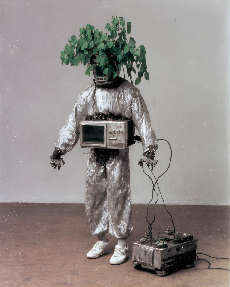 Surreal robot-like figure in a shiny silver suit with a leafy plant for a head and cables leading to a metal box.