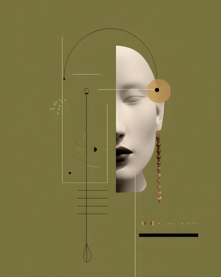 Abstract olive green composition with a partial white mask-like face, thin black and white geometric lines and a gold circular accent.