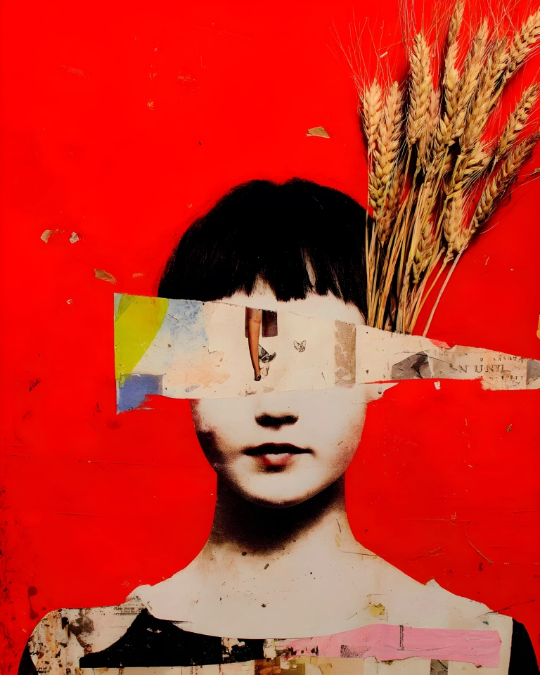 Surreal collage portrait of a pale face with eyes covered by paper, black hair, golden wheat stalks, and a vivid red background.
