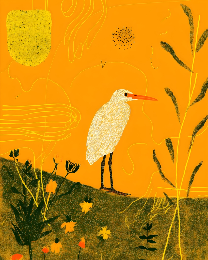 White heron with orange beak standing among dark green plants on a vivid orange abstract background with yellow line details.