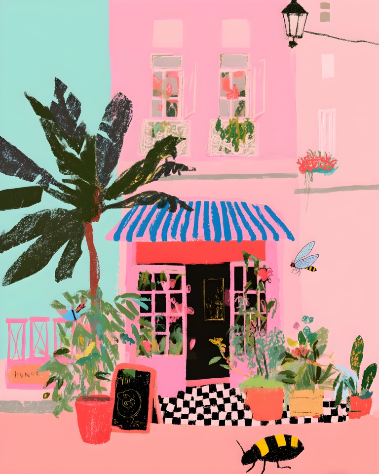 Bright pink townhouse with leafy plants, striped blue awning, balcony windows, insects and a black streetlamp.