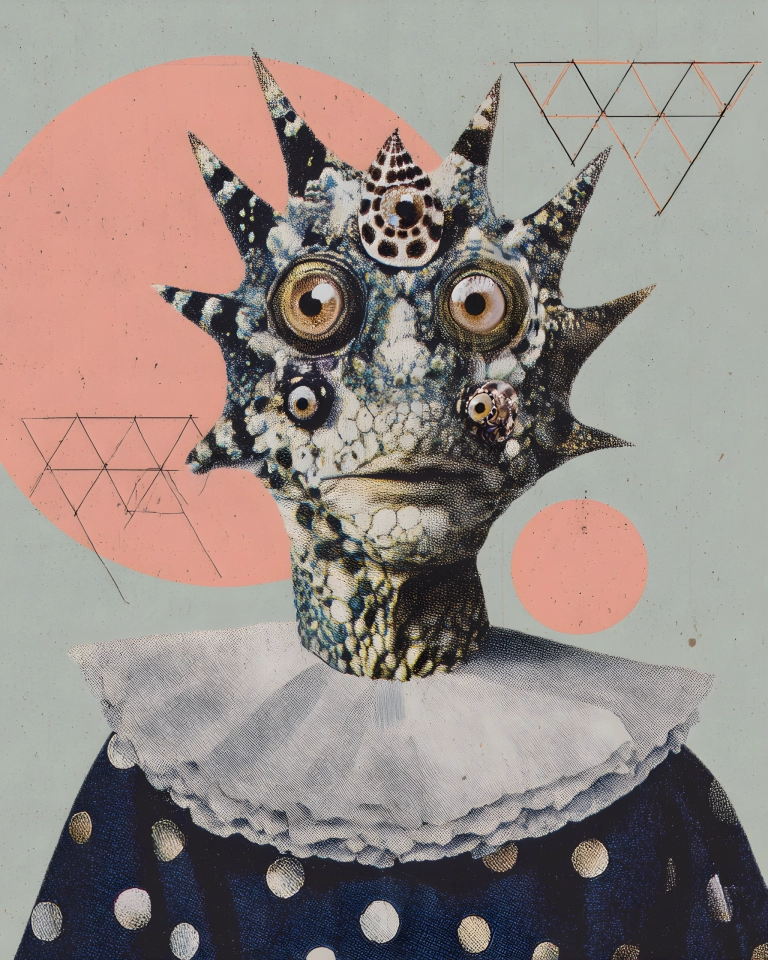 Surreal spiky horned creature with many eyes, polka-dot outfit, coral circles and geometric line drawings on a mint background.