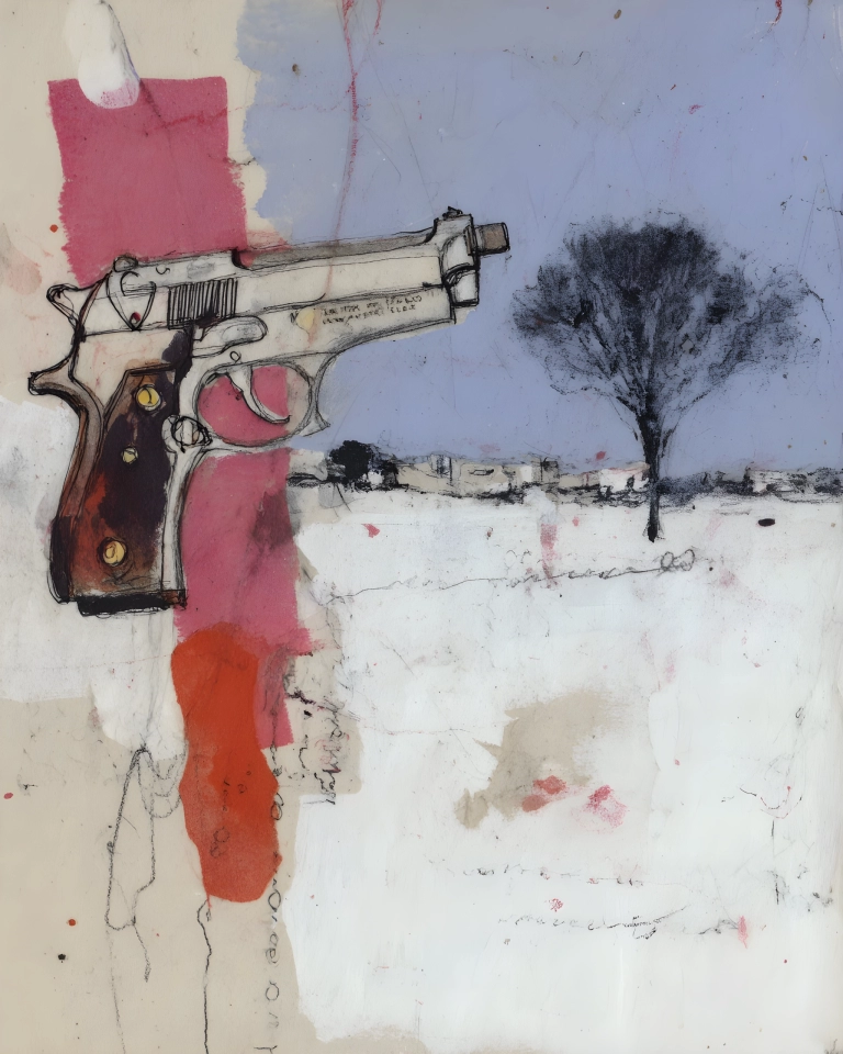 Mixed media collage with a sketched pistol on the left and a dark tree silhouette on a pale blue and pink textured background.