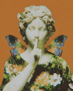 Surreal classical statue-like muse making a shushing gesture between butterfly wings on a warm ochre background.