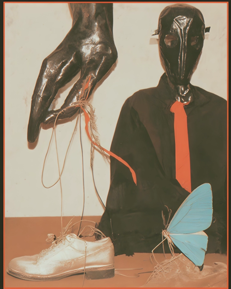Dark surreal collage with glossy masked forms, a black-clad figure, hanging cords and a pale blue butterfly wing.