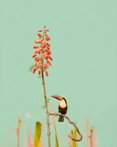 Toucan perched on a curved branch beside a tall coral pink tropical flower against a soft mint green background.