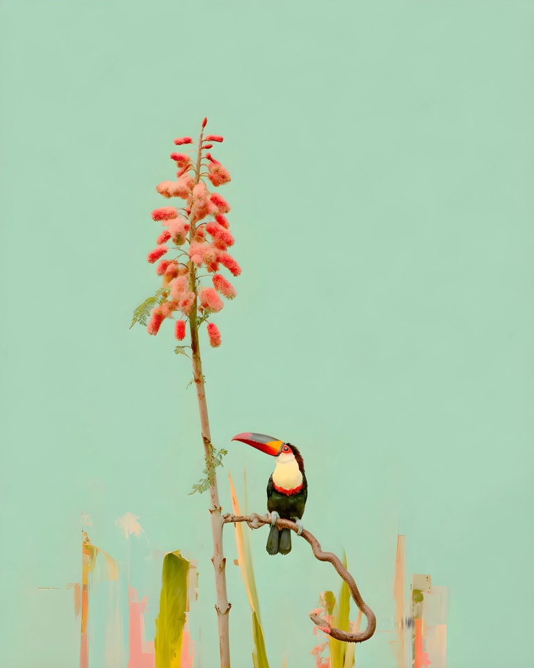 Toucan perched on a curved branch beside a tall coral pink tropical flower against a soft mint green background.