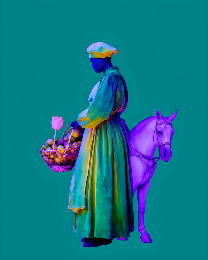 Stylized robed rider in profile holding a basket of fruit and a pink tulip beside a purple horse on a teal background.