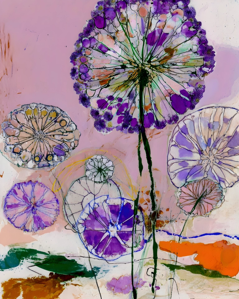 Airy botanical abstract with circular lavender blossoms, radiating stems and translucent petals on a soft pink background.