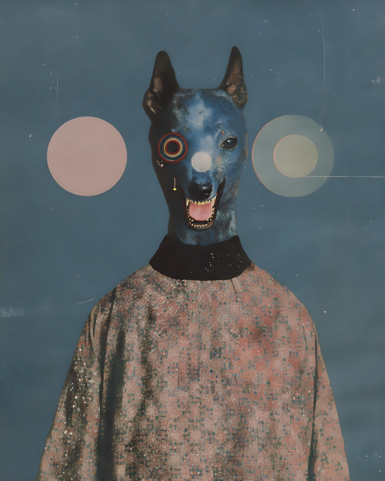 Surreal portrait of a blue dog-headed figure with one circular eye, pastel circles in the background, and brick-textured clothing.