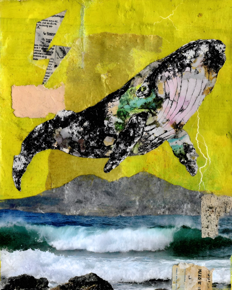 Mixed media collage of a black and white whale above ocean waves on a bright yellow textured background.
