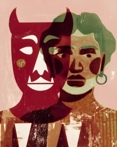 Graphic surreal portrait of two overlapping faces, one deep red and mask-like and the other with mint-green hair and an earring.