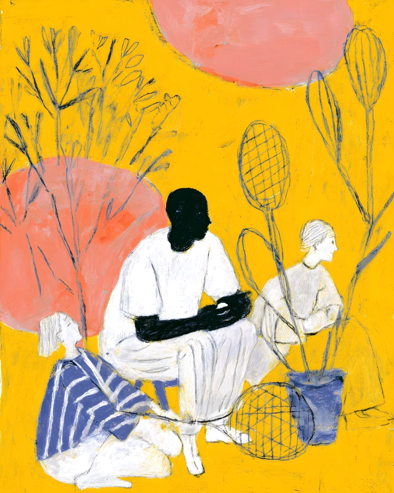 Stylized seated figures among sketched botanical forms and large coral shapes on a vivid yellow background.