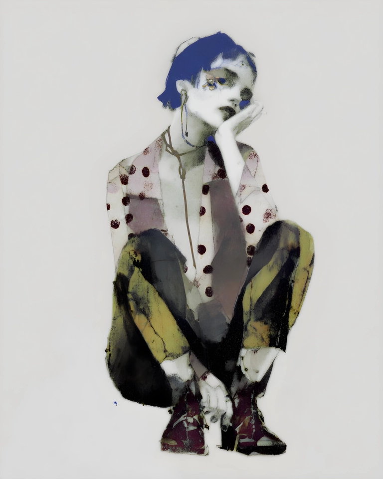 Abstract seated fashion figure with cobalt blue hair, spotted blouse, hand at face and dark trousers on a neutral background.
